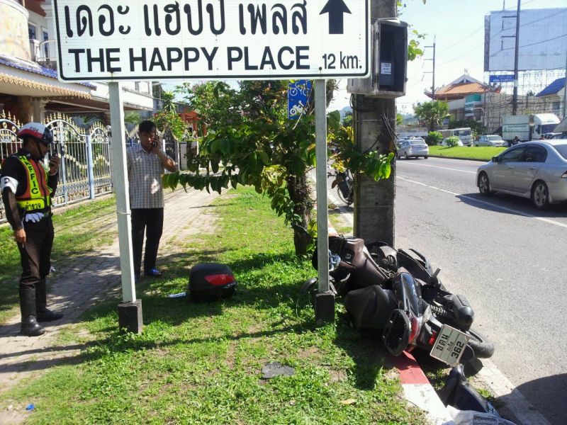 Phuket can be a real 'happy place' but as soon as you forget to apply common sense, it can get ugly as it did for one foreign tourist recently who survived crashing a motorbike into a sign in broad daylight. Luckily for her, she survived, unlike so many others.