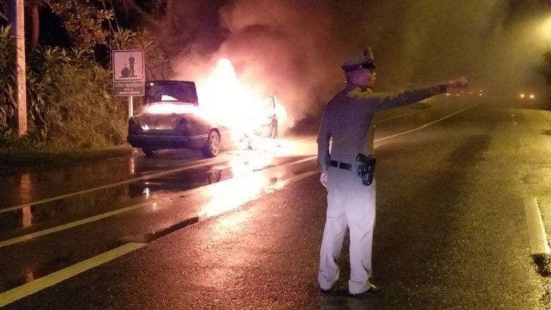 Phuket driver stumped as Mercedes goes up in flames