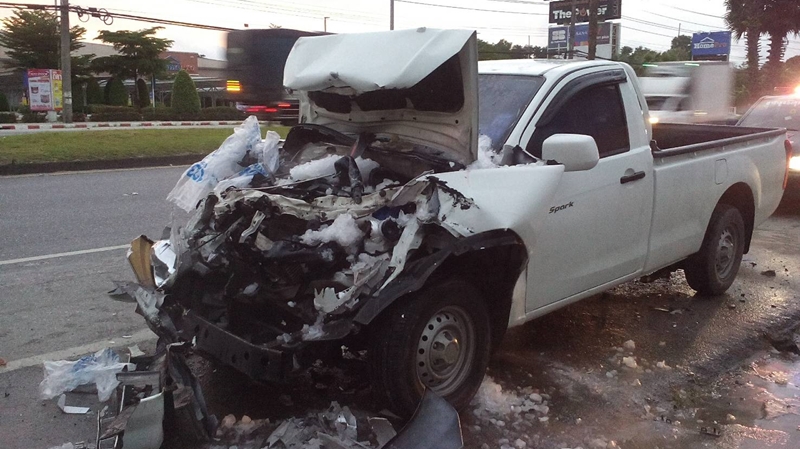Phuket pickup driver injured when vehicle rear-ends ice truck