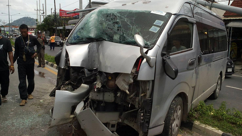 Phuket van driver falls asleep at the wheel, slams into street lamp