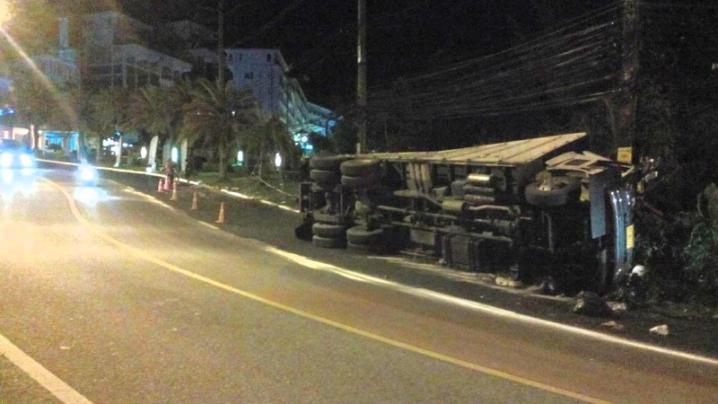 Beer truck heading to Patong overturns, spills load