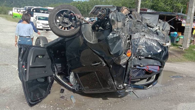 Driver escapes injury after truck lane change sees car flip several times on main Phuket road