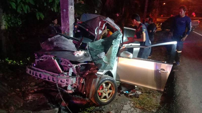 Thalang Hospital pharmacist seriously injured as car hits power pole