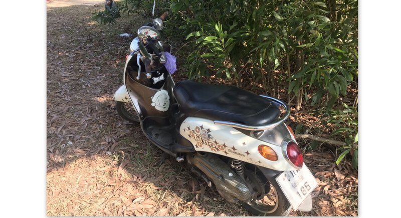 The Roi Et-registered Yamaha Fino motorbike discovered at the scene. Photo: Eakkapop Thongtub