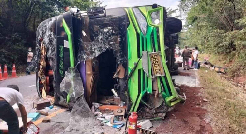 Tour bus overturns, 1 killed, 46 injured
