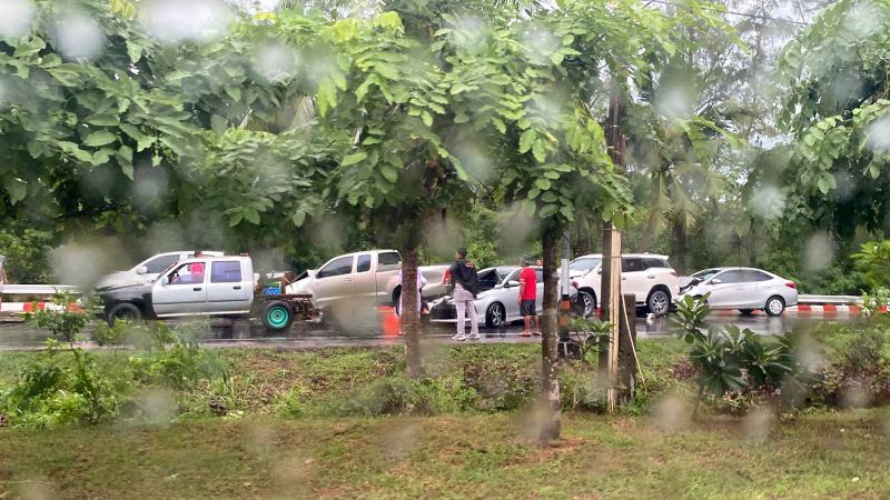 Five vehicles damaged in Phuket wet road crash