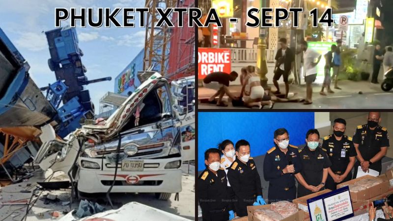PHUKET XTRA: VIDEO: Crane topples at new Chalong mall, Patong tuk-tuk hit-and-run, Burying smuggled pork || September 14