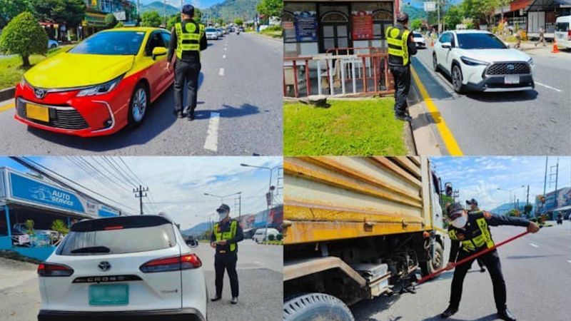 PLTO officers check vehicles in Kathu. One driver of a taxi registered outside Phuket was busted. Photo: PLTO