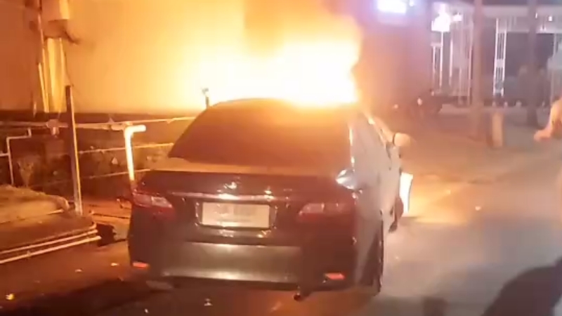 Car hits power pole, catches fire in Phuket Town