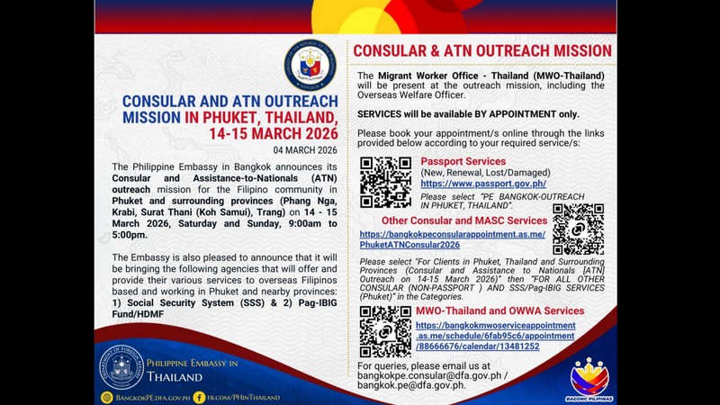 Philippine Embassy to hold consular outreach in Phuket