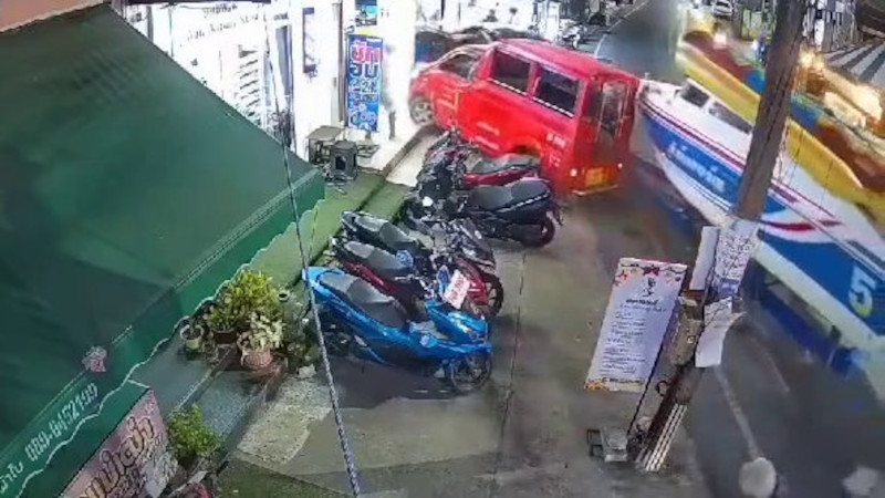 Pickup towing boat slams into tuk-tuk, massage shop in Patong