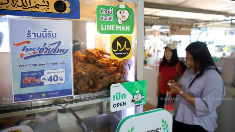 The co-payment scheme has shifted consumer spending towards small retailers and food delivery platforms, affecting medium-sized operators, with tax-registered restaurants in this category seeing sales decline by 30-50%, the TRA said. Photo: Varuth Hirunyatheb / Bangkok Post